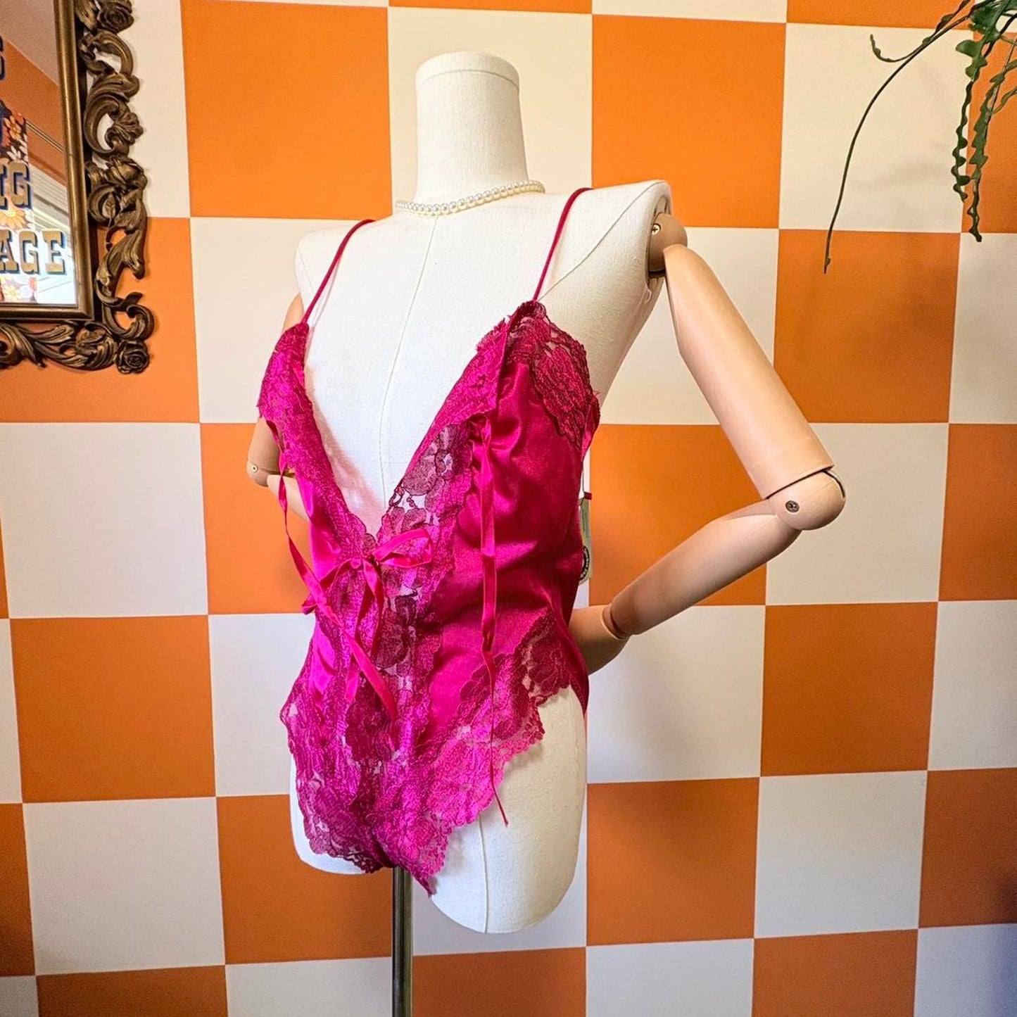80s Vintage Hot Pink Nylon Lace Tie Front Teddy