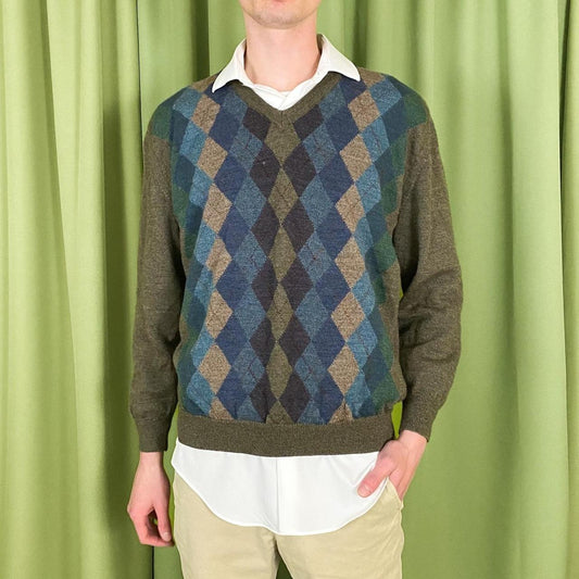 90s Vintage Brown and Blue Argyle 100% Wool V Neck Sweater