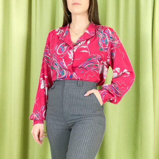 80s Vintage Hot Pink and Blue Floral Print Mock Neck Blouse