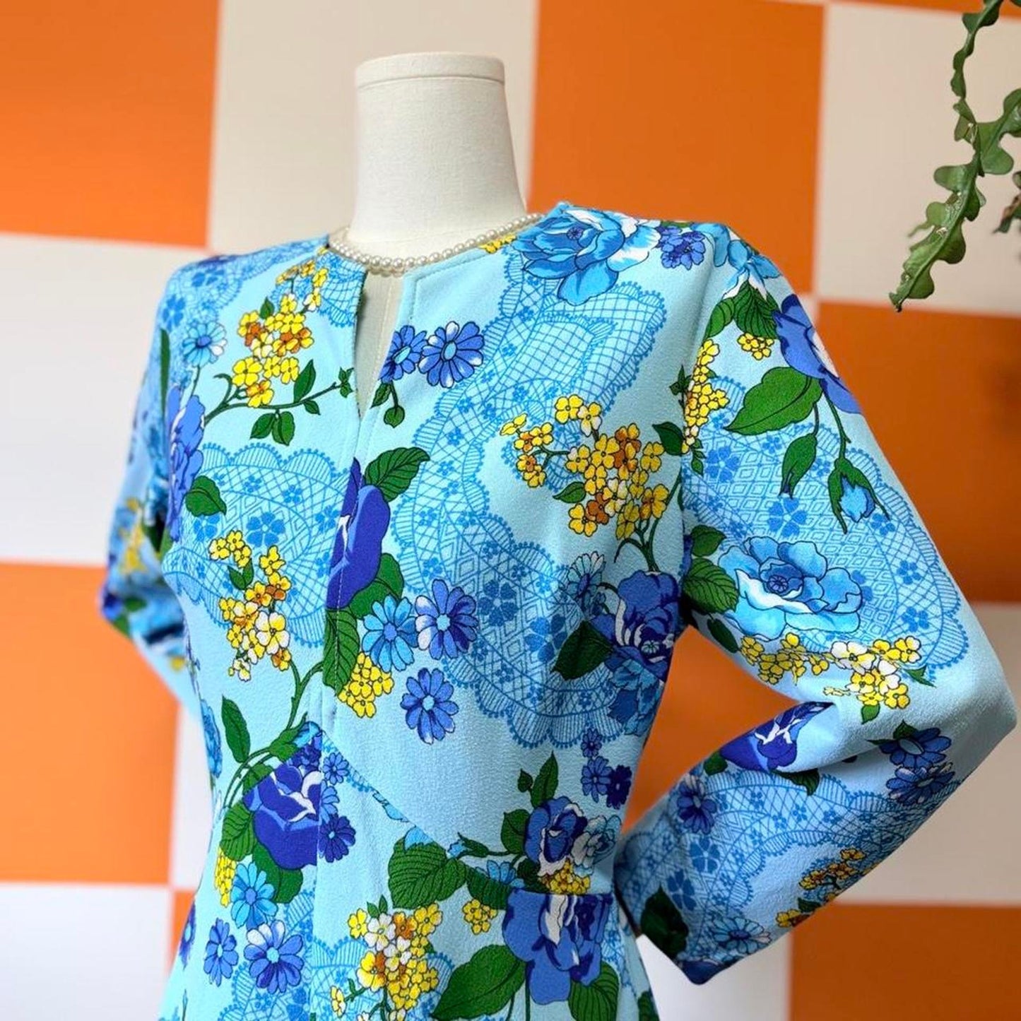 70s Vintage Blue and Yellow Flower Power Floral Print Long Sleeve Maxi Dress