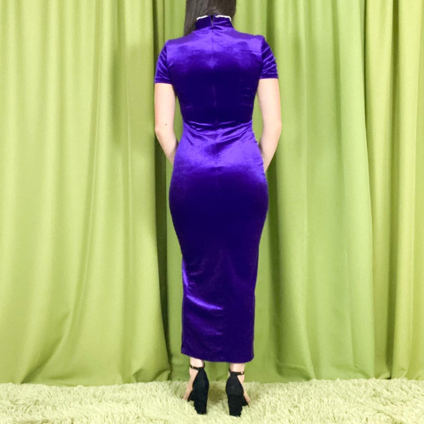 80s Vintage Purple Velvet Beaded Sequin Bodycon Midi Dress