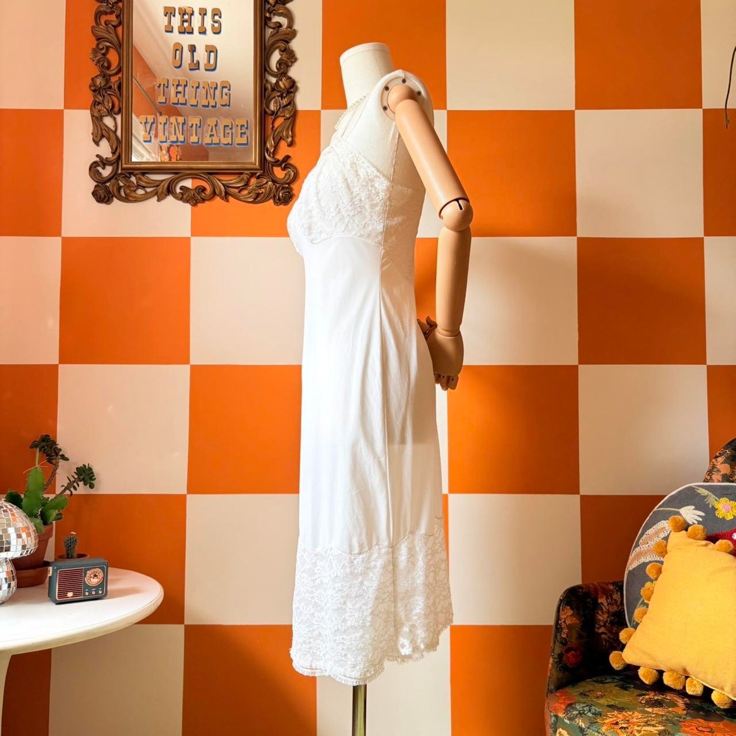 60s Vintage White Lace Nylon Midi Slip Dress