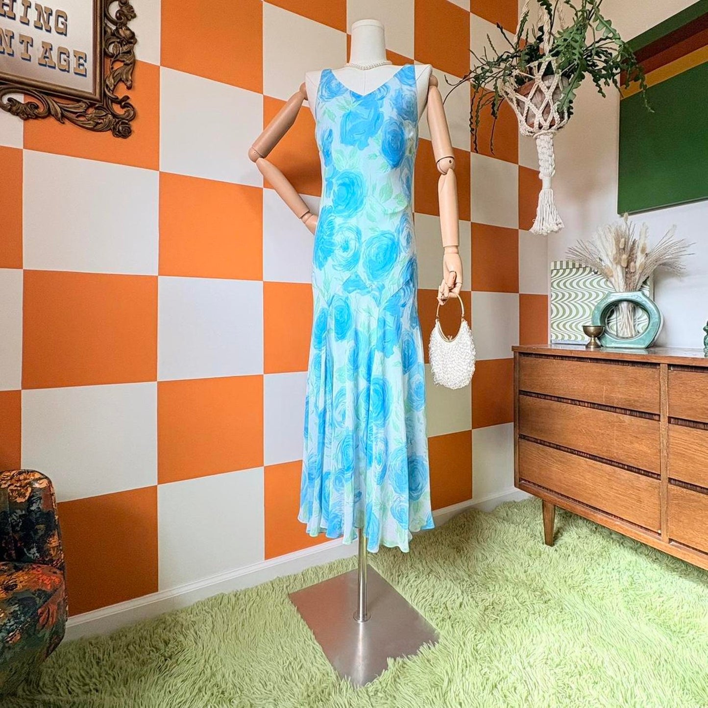 Y2K Vintage Blue Floral 100% Silk Bias Cut Maxi Dress
