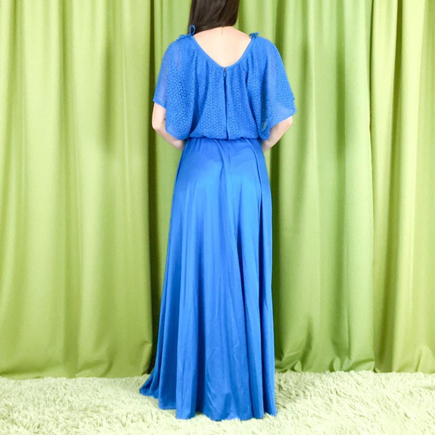 80s Vintage Royal Blue Crochet Top Bat Wing Sleeve Maxi Gown