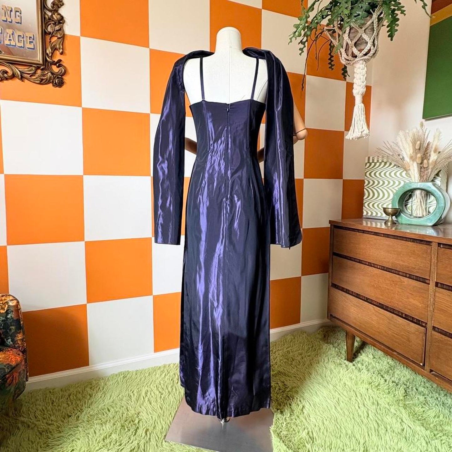 90s Vintage Dark Purple Liquid Satin 2 Piece Gunne Sax Scarf Gown Set