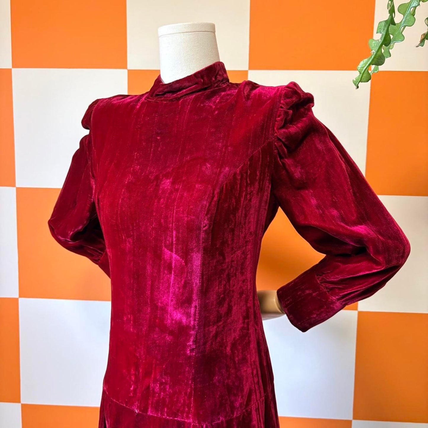 60s Vintage Maroon Red Crushed Velvet Drop Waist Mini Dress