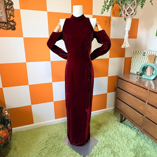 80s Vintage Maroon Velvet Cold Shoulder Keyhole Gown