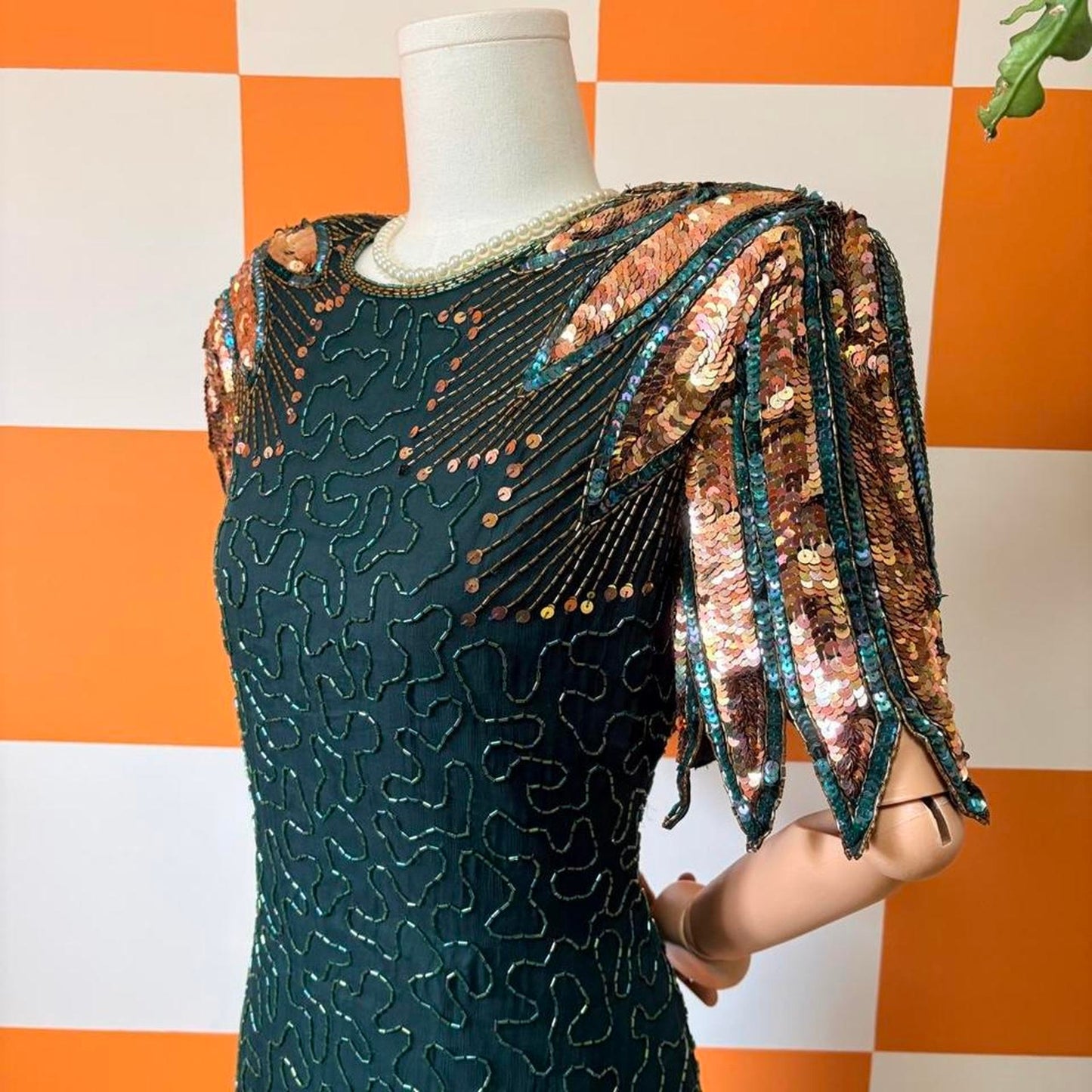 80s Vintage Emerald Green and Gold Sequin Glass Beaded Silk Dress