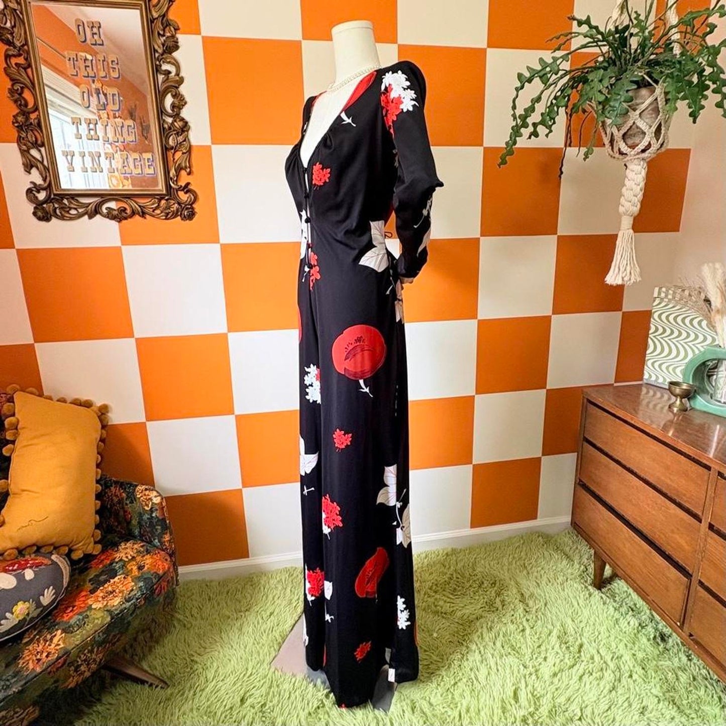 70s Vintage Black White and Red Floral Print Wide Flared Leg Jumpsuit