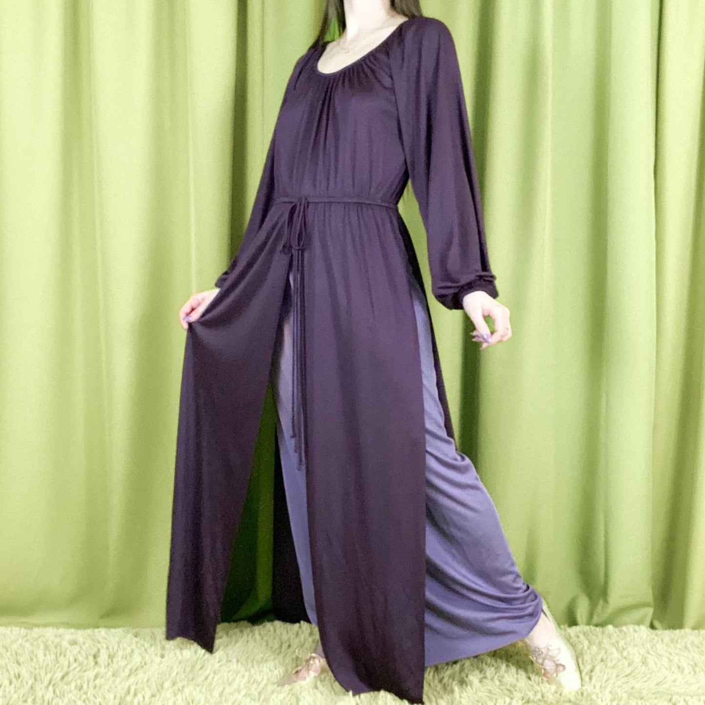 80s Vintage Dark Plum Slouchy A Line Poly Maxi Dress with Monochrome Layering