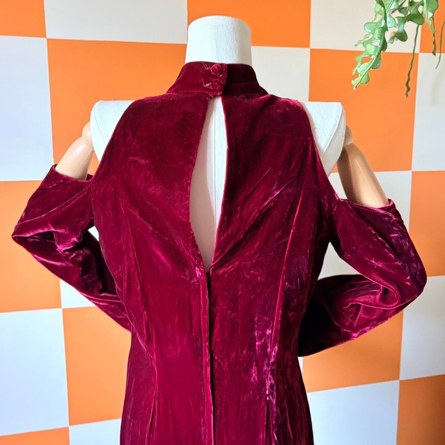 80s Vintage Maroon Velvet Cold Shoulder Keyhole Gown