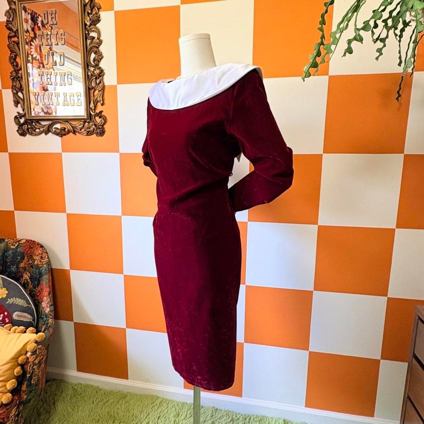 80s Vintage Maroon Velvet Midi Dress with White Satin Cowl Boat Neck Collar