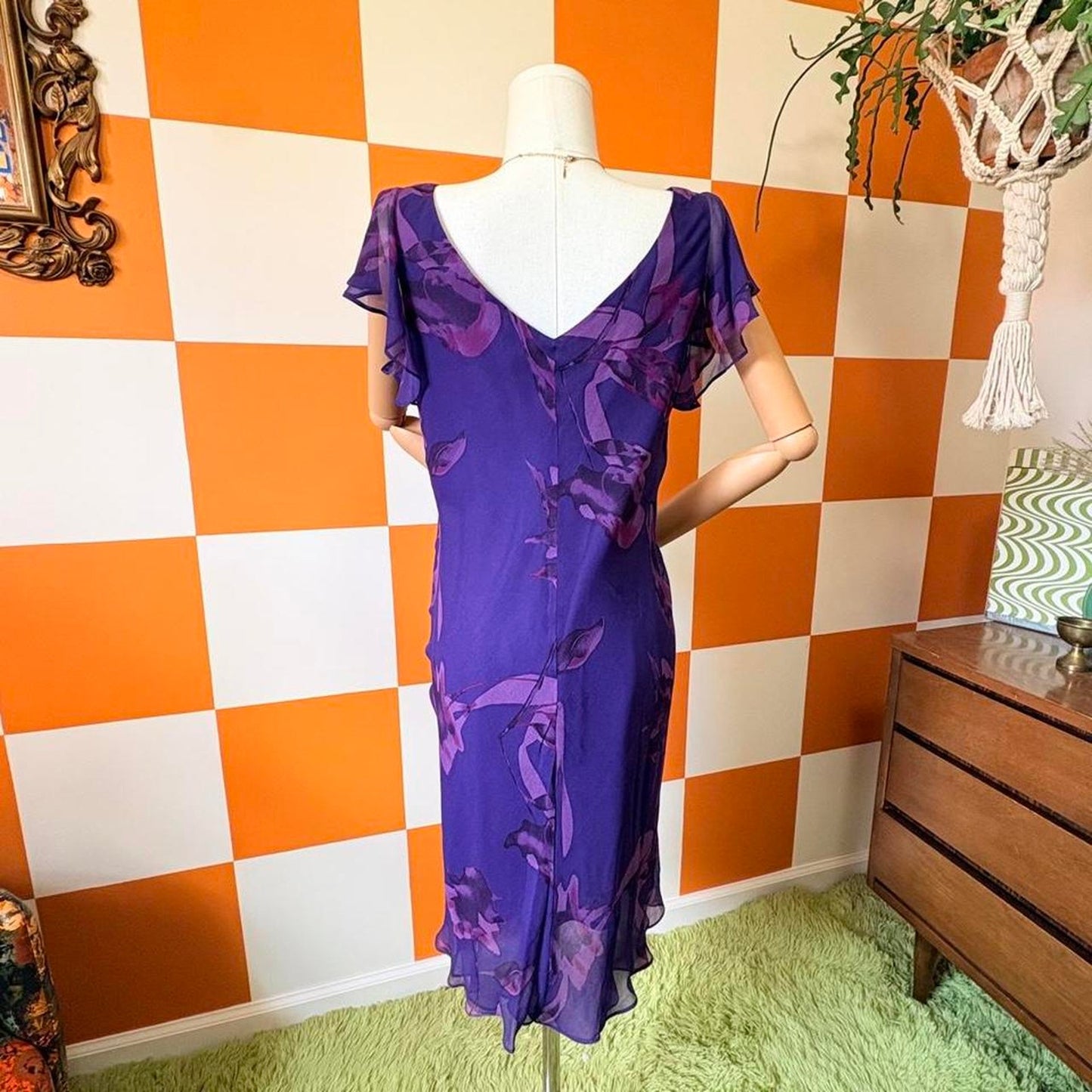 NWT Y2K Vintage Monochrome Purple Floral Print Silk Mini Flutter Sleeve Dress