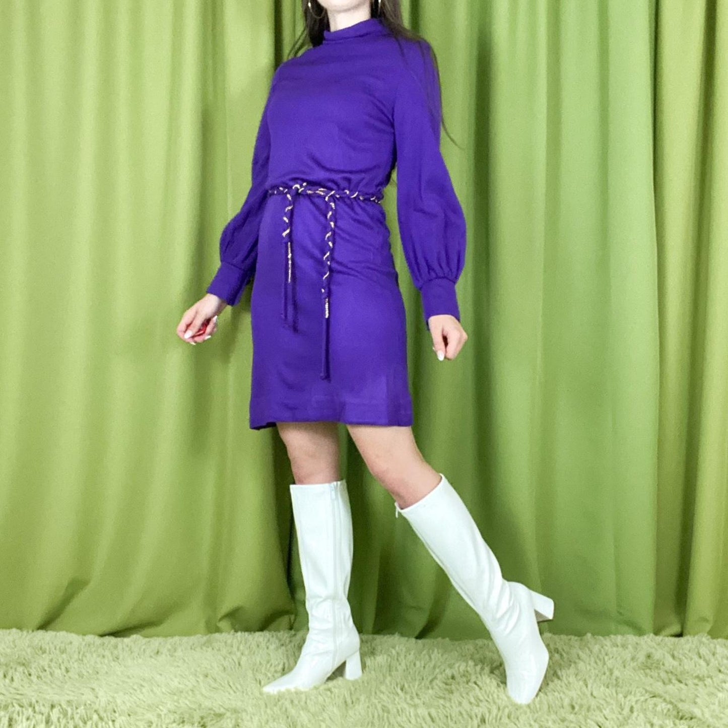 70s Vintage Purple Long Sleeve Mini Dress with Braided Chain Belt