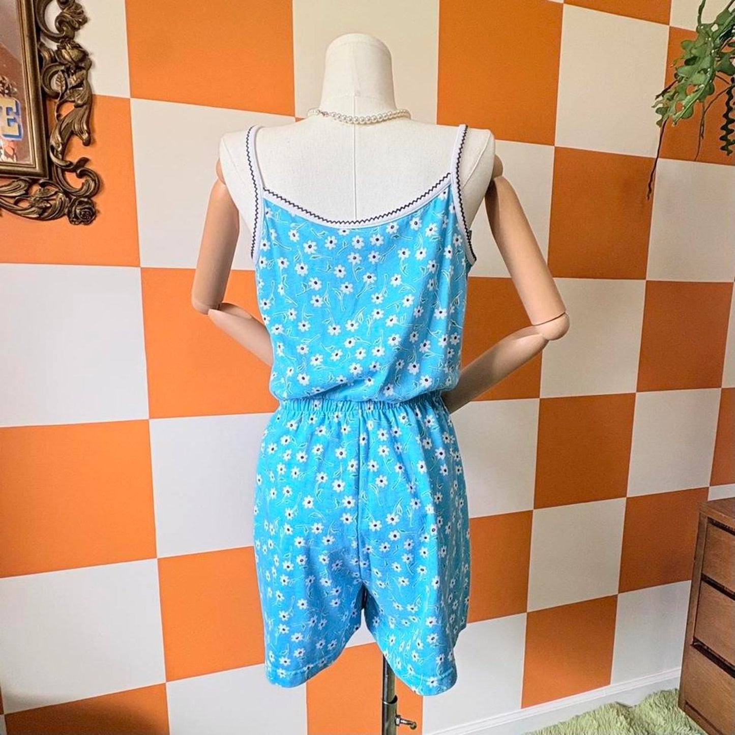 90s Vintage Bright Blue Daisy Floral Print Cotton Romper
