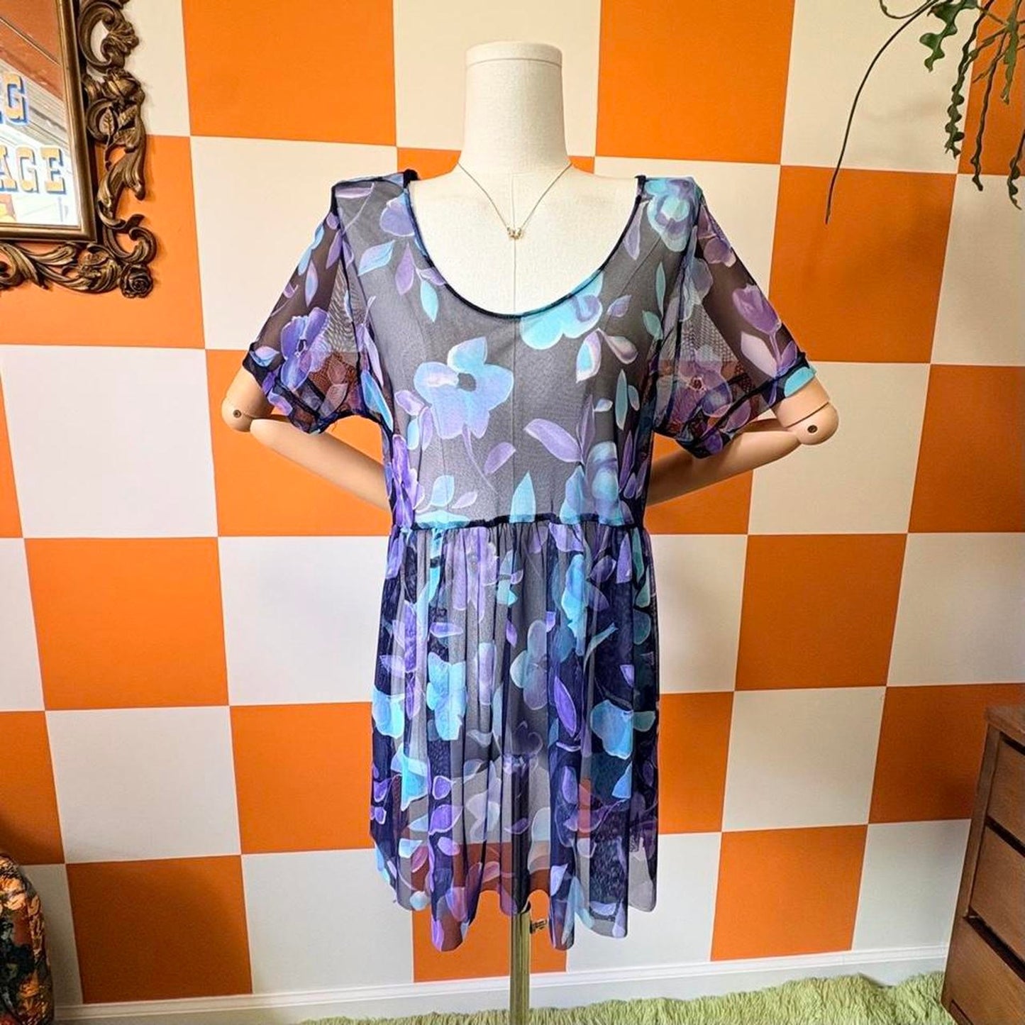 90s Vintage Monochromatic Blue Floral Print Sheer Babydoll Dress
