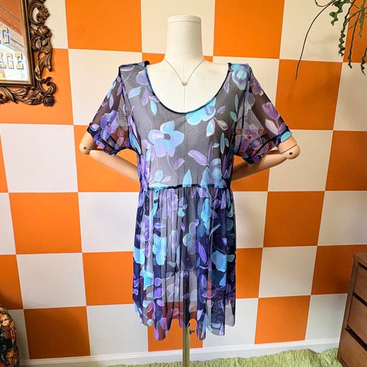 90s Vintage Monochromatic Blue Floral Print Sheer Babydoll Dress