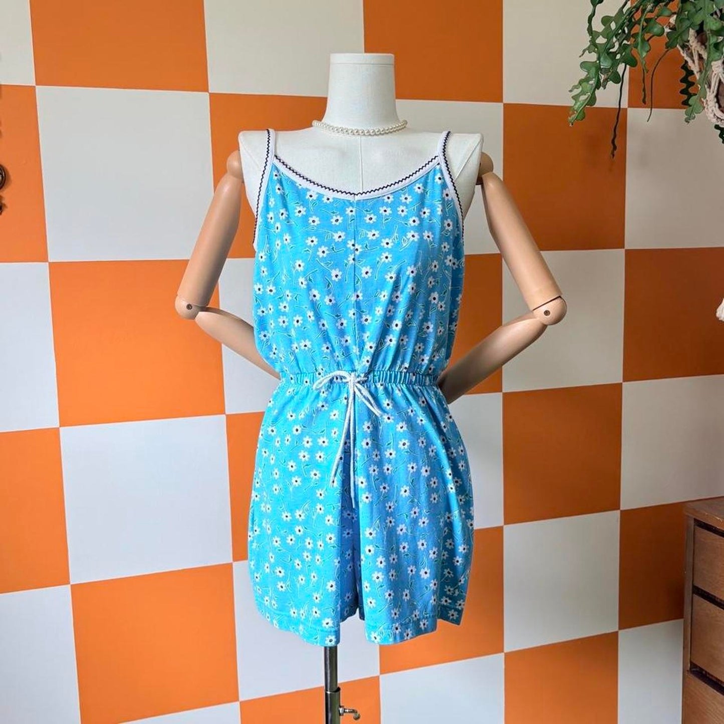 90s Vintage Bright Blue Daisy Floral Print Cotton Romper