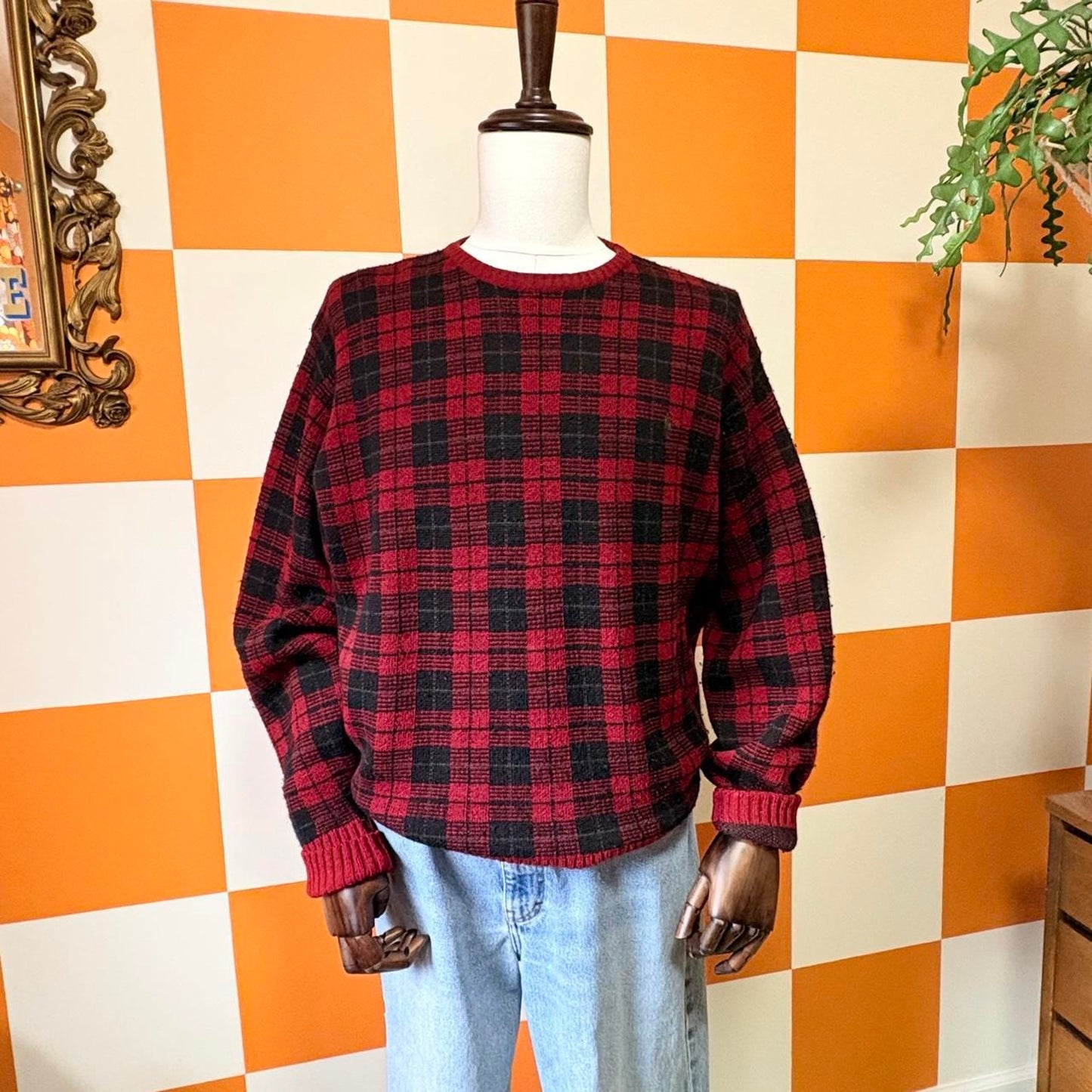 90s Vintage Red and Black Plaid 100% Wool Crew Neck Sweater