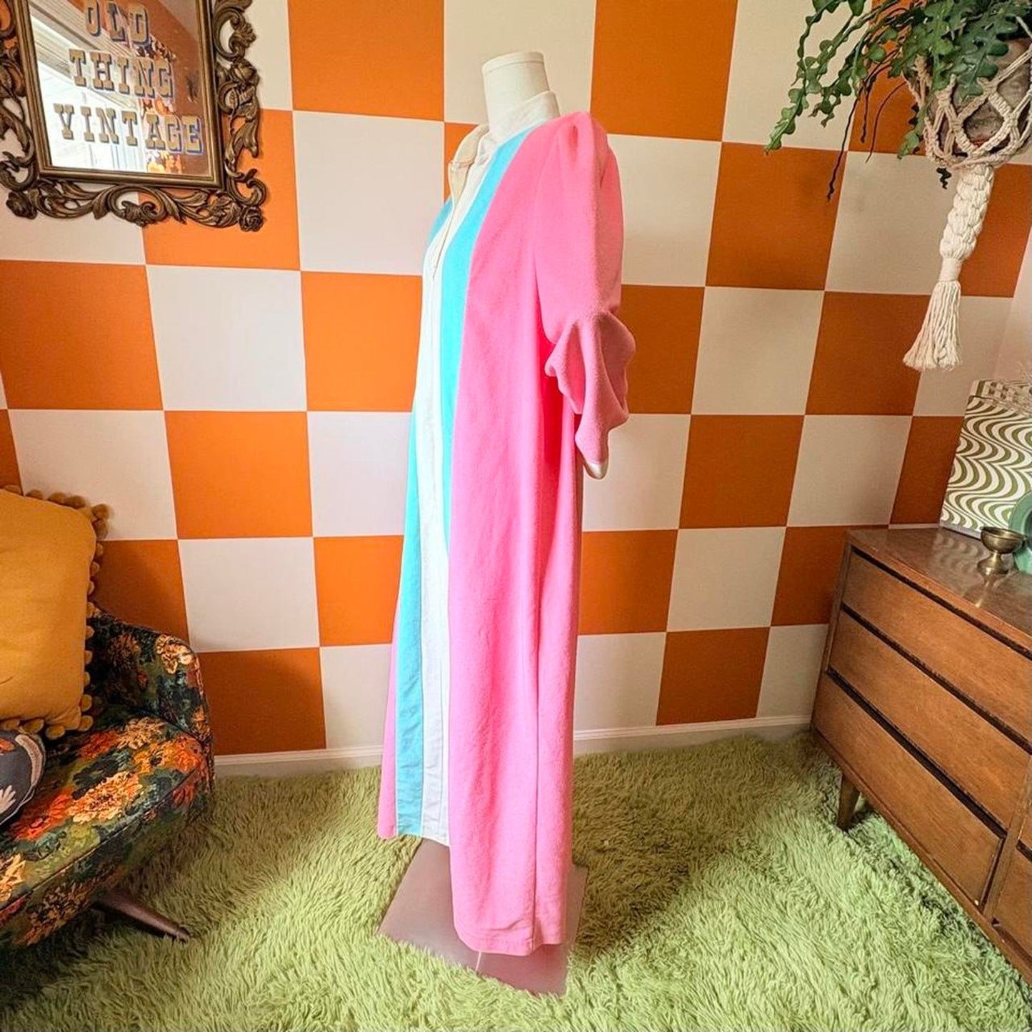 80s Vintage Pink Blue and White Striped Fleece House Dress