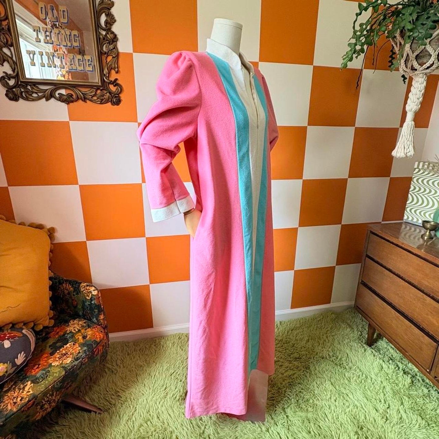 80s Vintage Pink Blue and White Striped Fleece House Dress