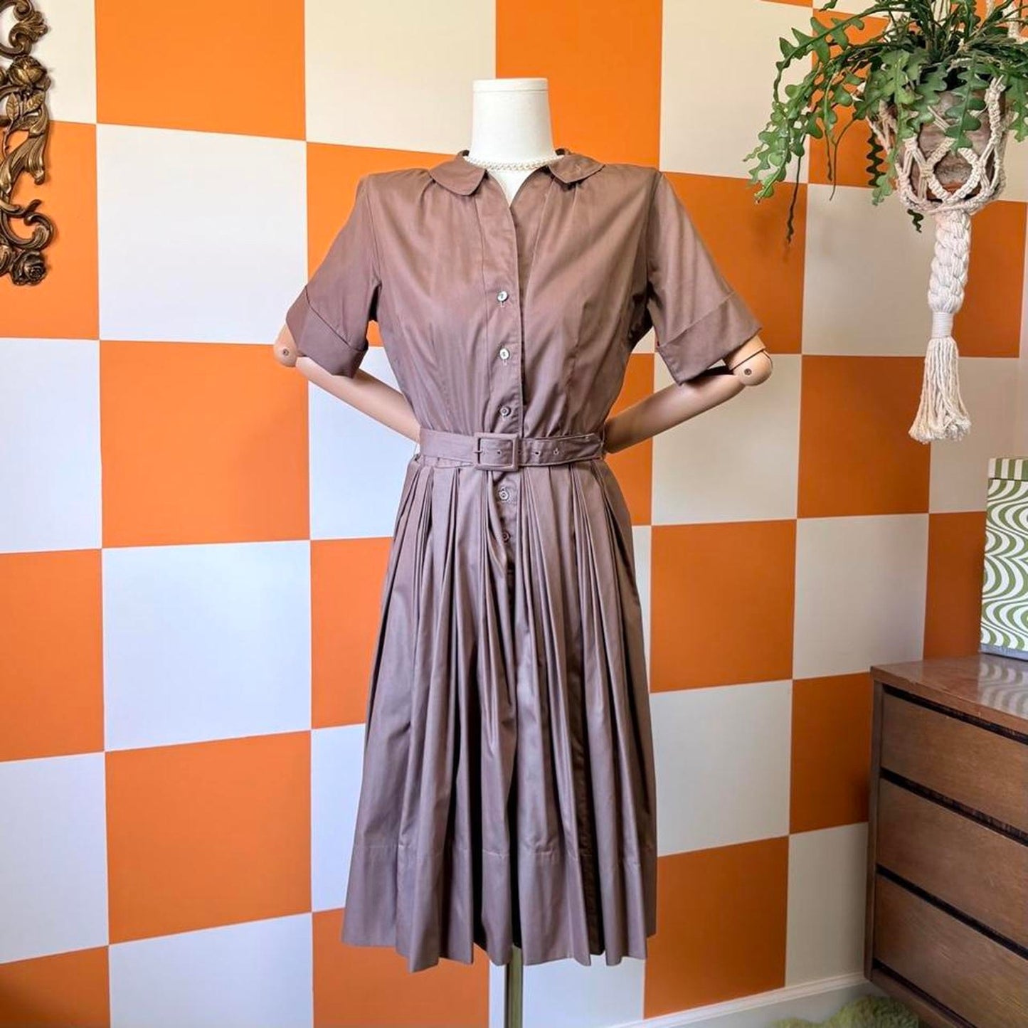 60s Vintage Chocolate Brown A Line Pleated Fit and Flare Midi Shirt Dress