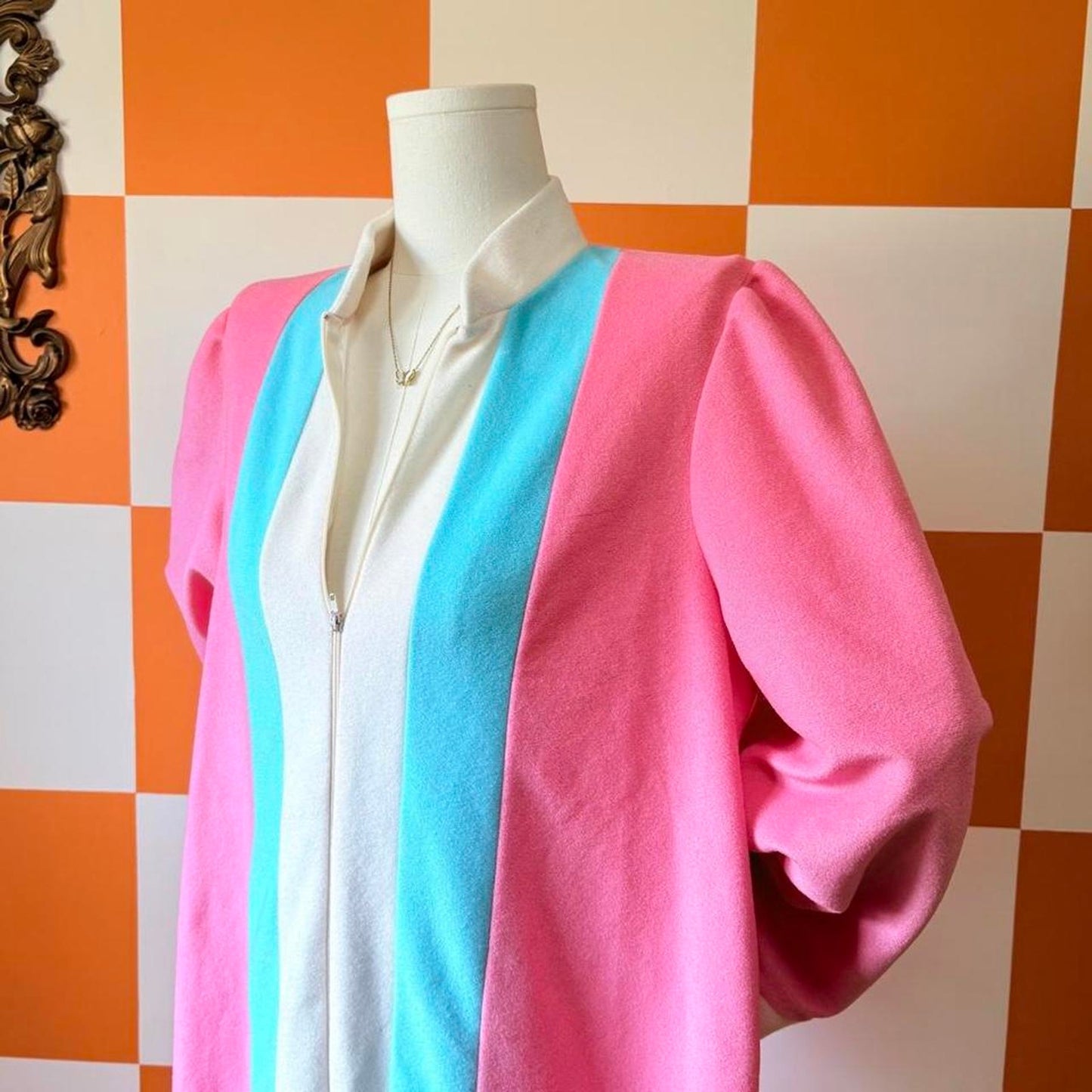 80s Vintage Pink Blue and White Striped Fleece House Dress