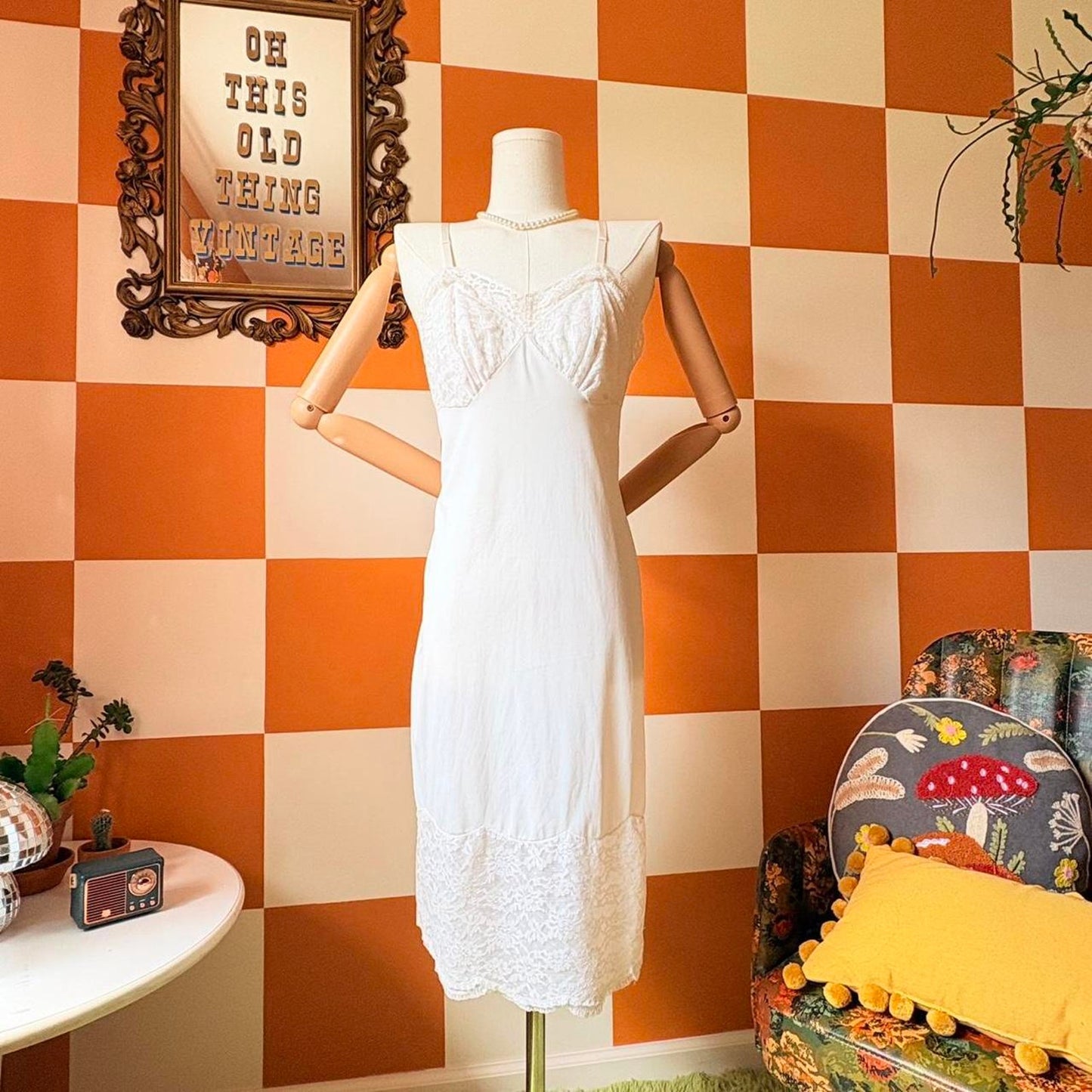 60s Vintage White Lace Nylon Midi Slip Dress