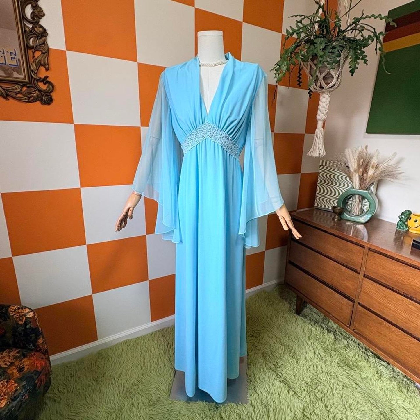 70s Vintage Blue V Neck Gown with Sheer Angel Wing Sleeves