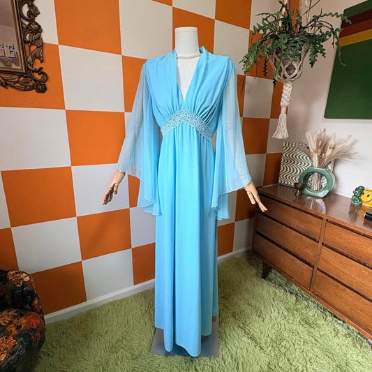 70s Vintage Blue V Neck Gown with Sheer Angel Wing Sleeves