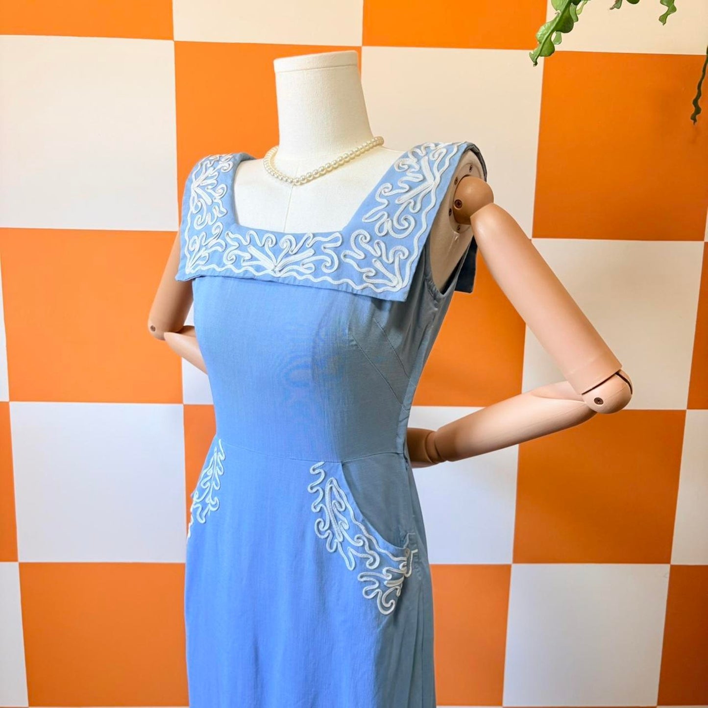 50s Vintage Sky Blue and White Ribboned Wiggle Dress with Sailor Collar