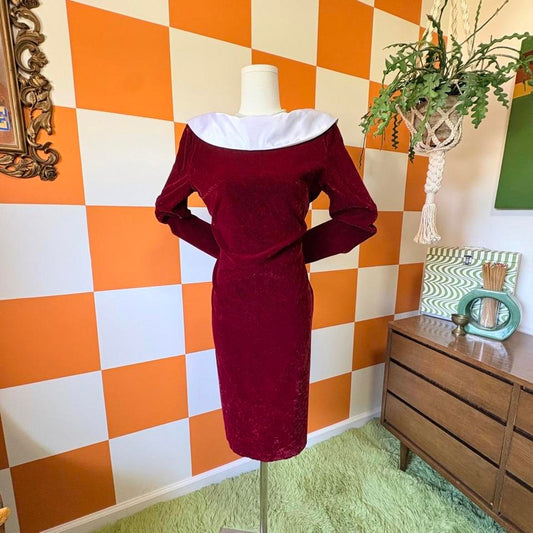 80s Vintage Maroon Velvet Midi Dress with White Satin Cowl Boat Neck Collar