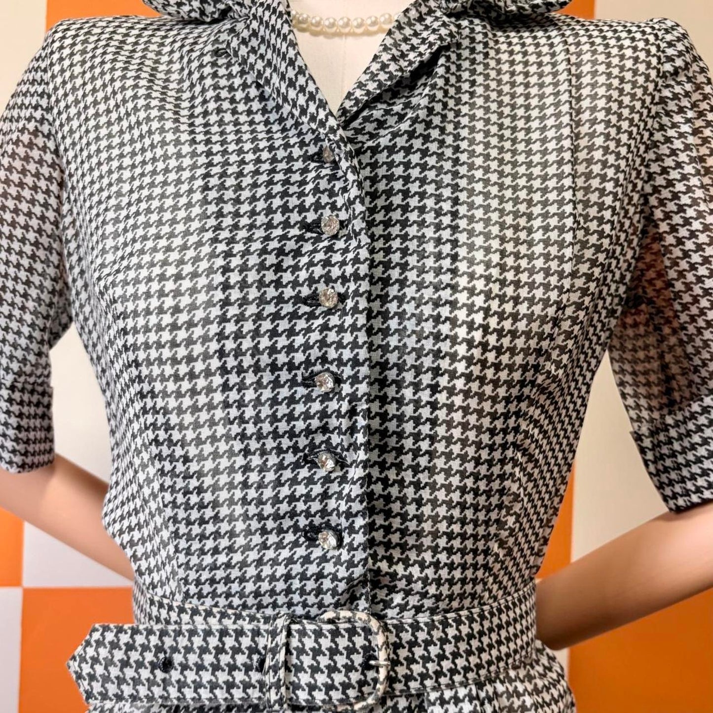 50s Vintage Black and White Houndstooth Pleated Midi Shirt Dress