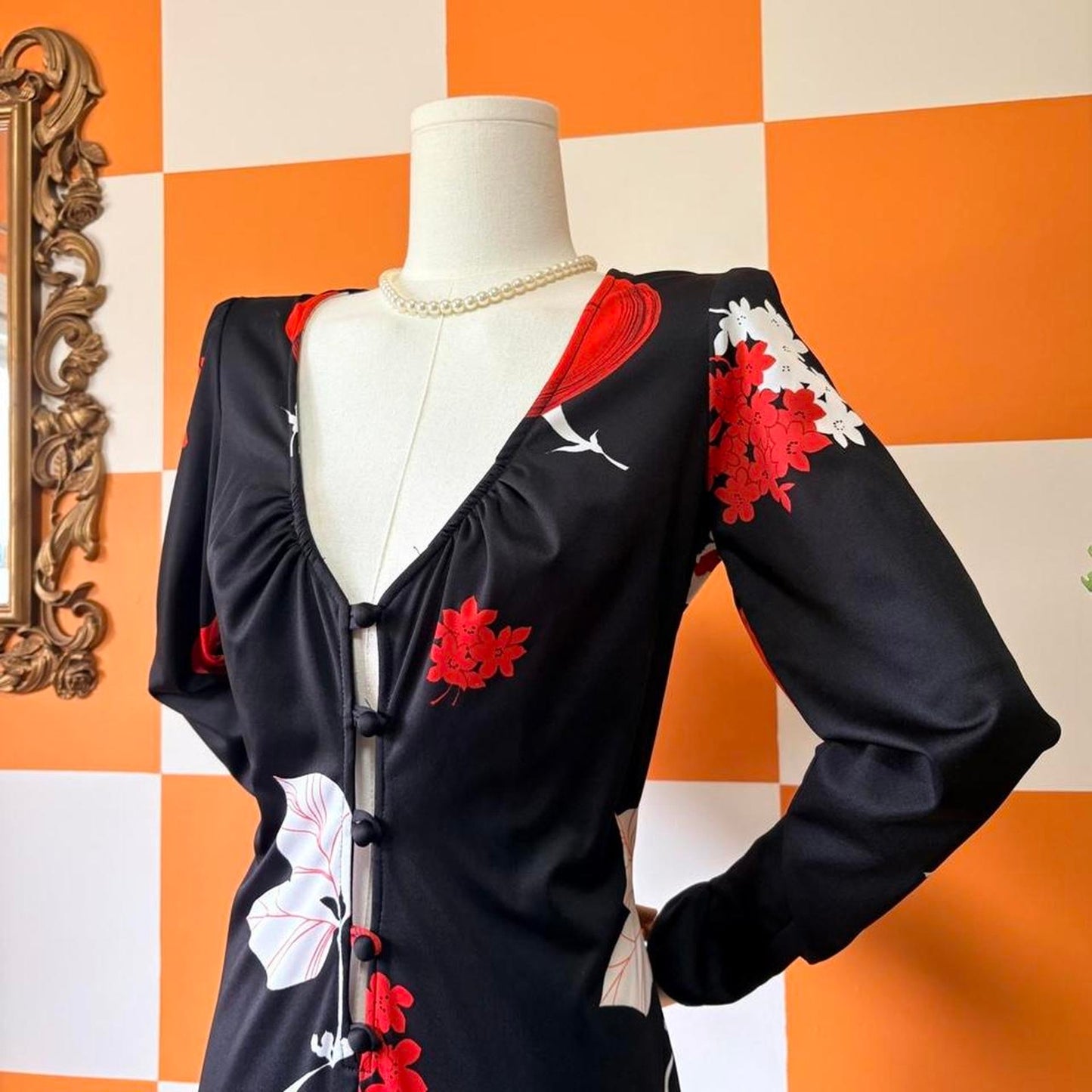 70s Vintage Black White and Red Floral Print Wide Flared Leg Jumpsuit