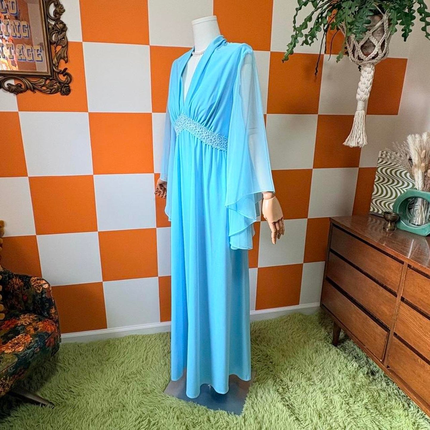 70s Vintage Blue V Neck Gown with Sheer Angel Wing Sleeves