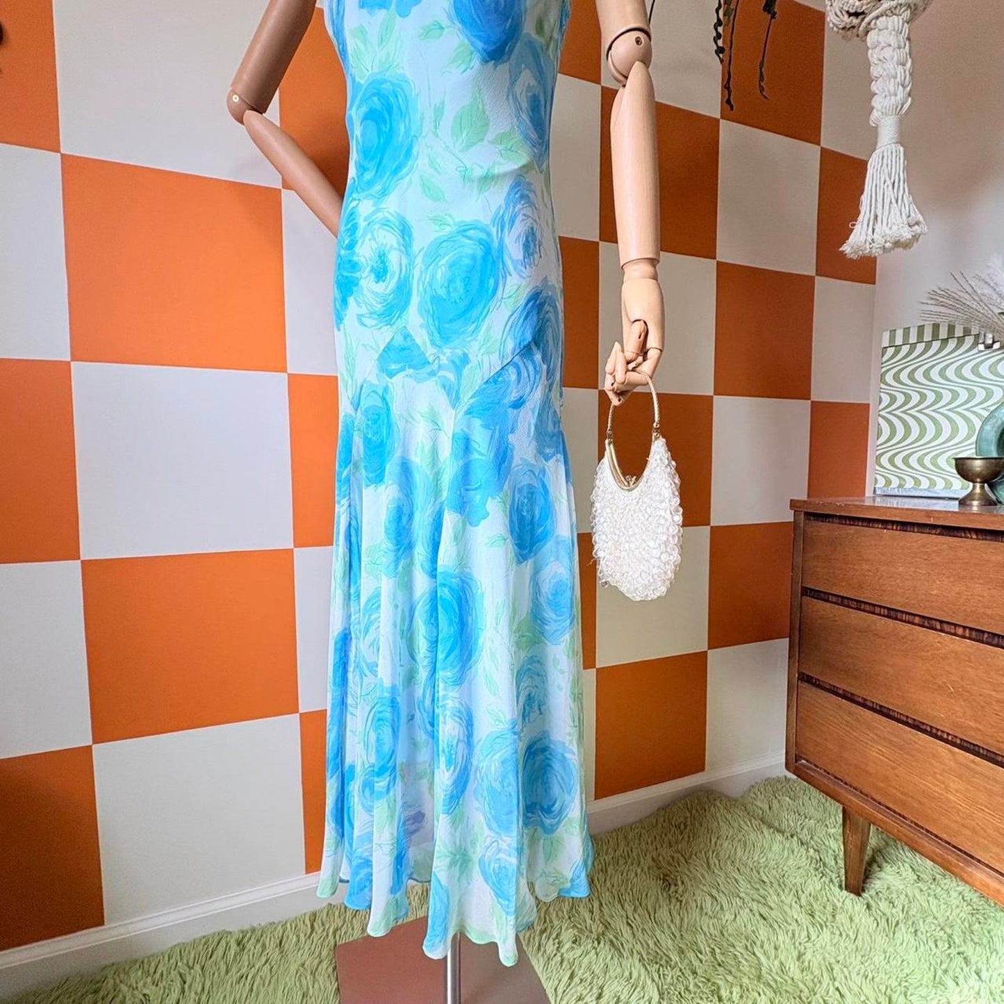 Y2K Vintage Blue Floral 100% Silk Bias Cut Maxi Dress