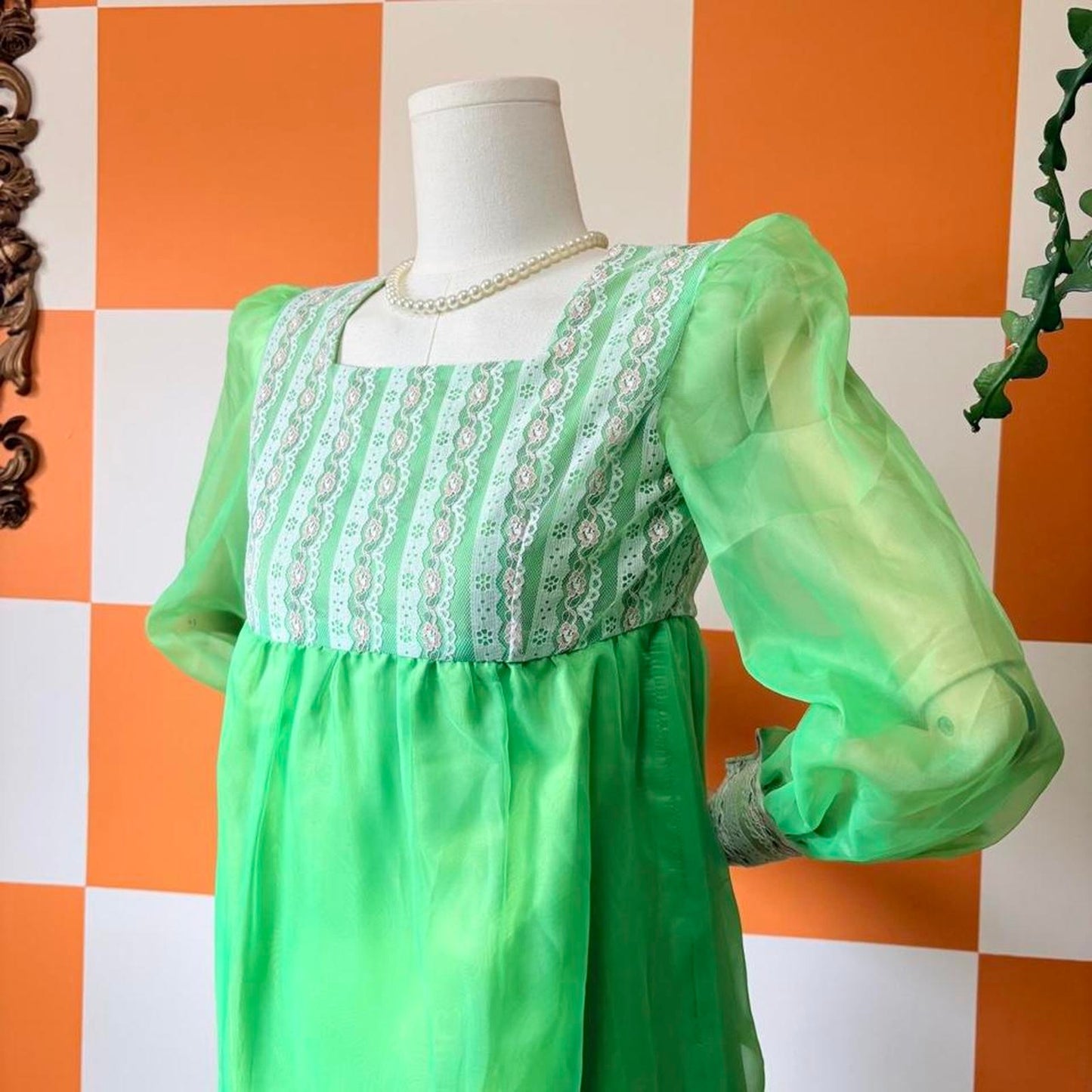 60s Vintage Bright Green Lace Balloon Sleeve Empire Waist Gown