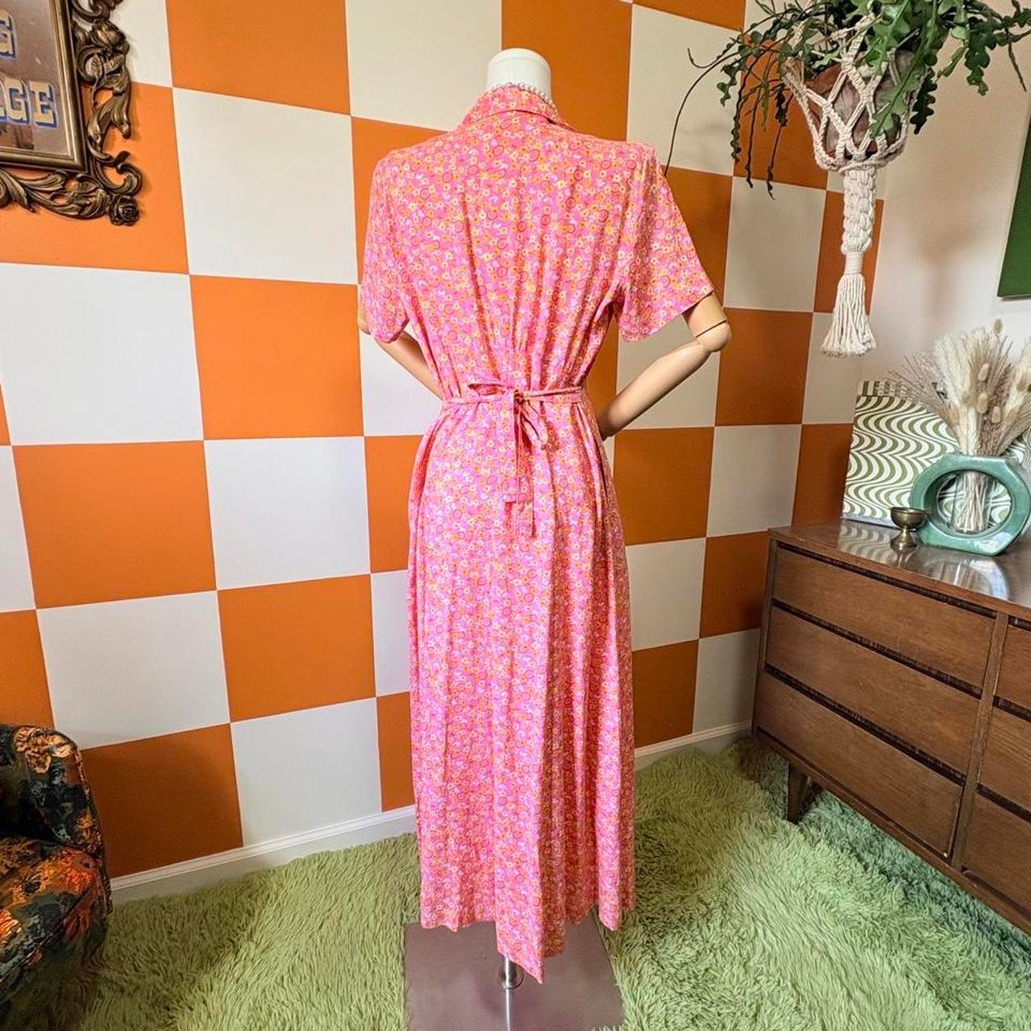 90s Vintage Hot Pink and Yellow Floral Daisy Print Maxi Shirt Dress