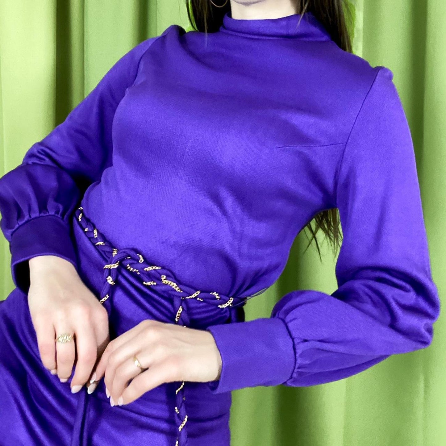 70s Vintage Purple Long Sleeve Mini Dress with Braided Chain Belt