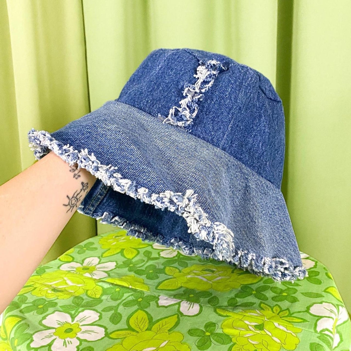 90s Y2K Denim Bucket Hat with Raw Distressed Seams