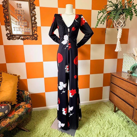 70s Vintage Black White and Red Floral Print Wide Flared Leg Jumpsuit