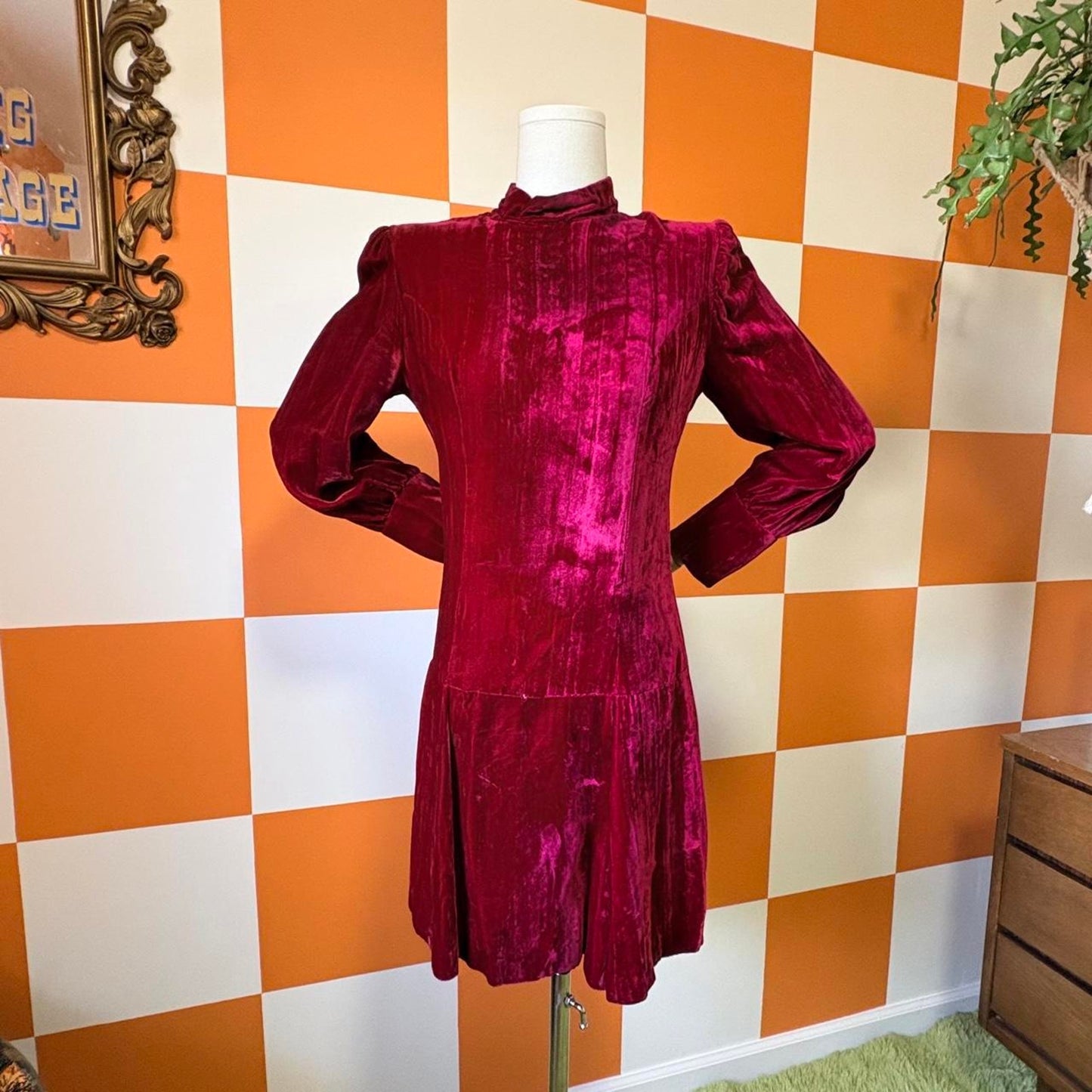 60s Vintage Maroon Red Crushed Velvet Drop Waist Mini Dress