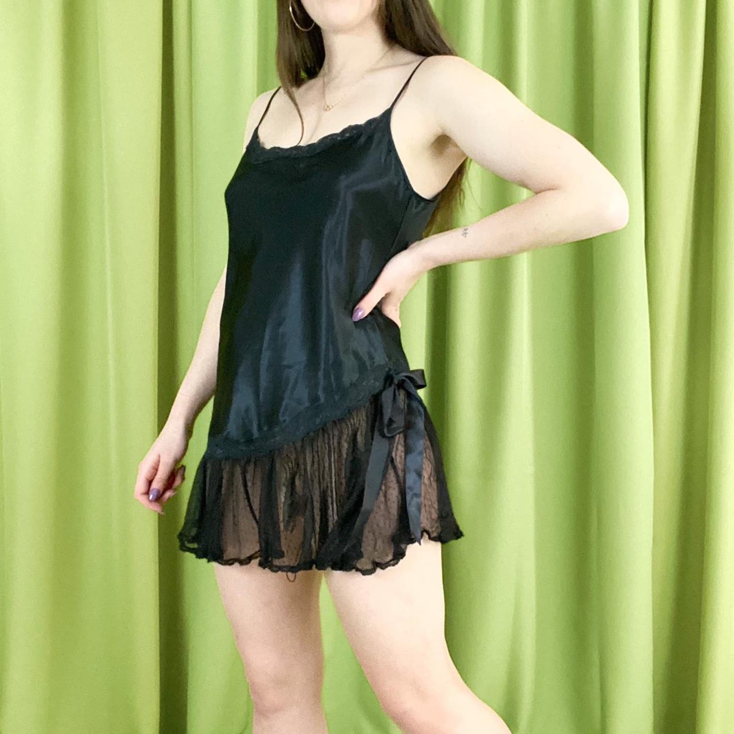 80s Vintage Black Satin and Lace Asymmetrical Drop Waist Slip Dress