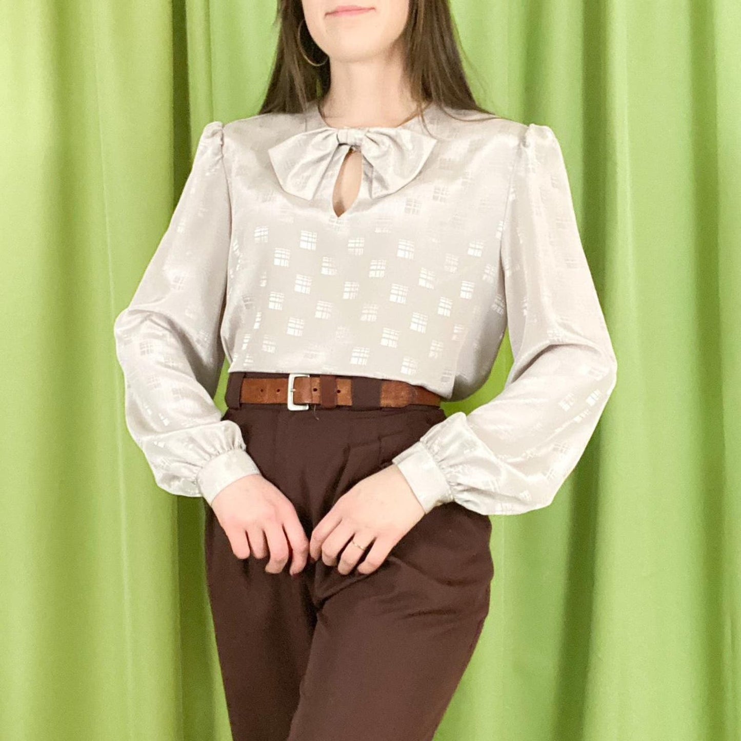 90s Vintage Beige Plaid Geometric Print Satin Blouse with Bow Keyhole Collar