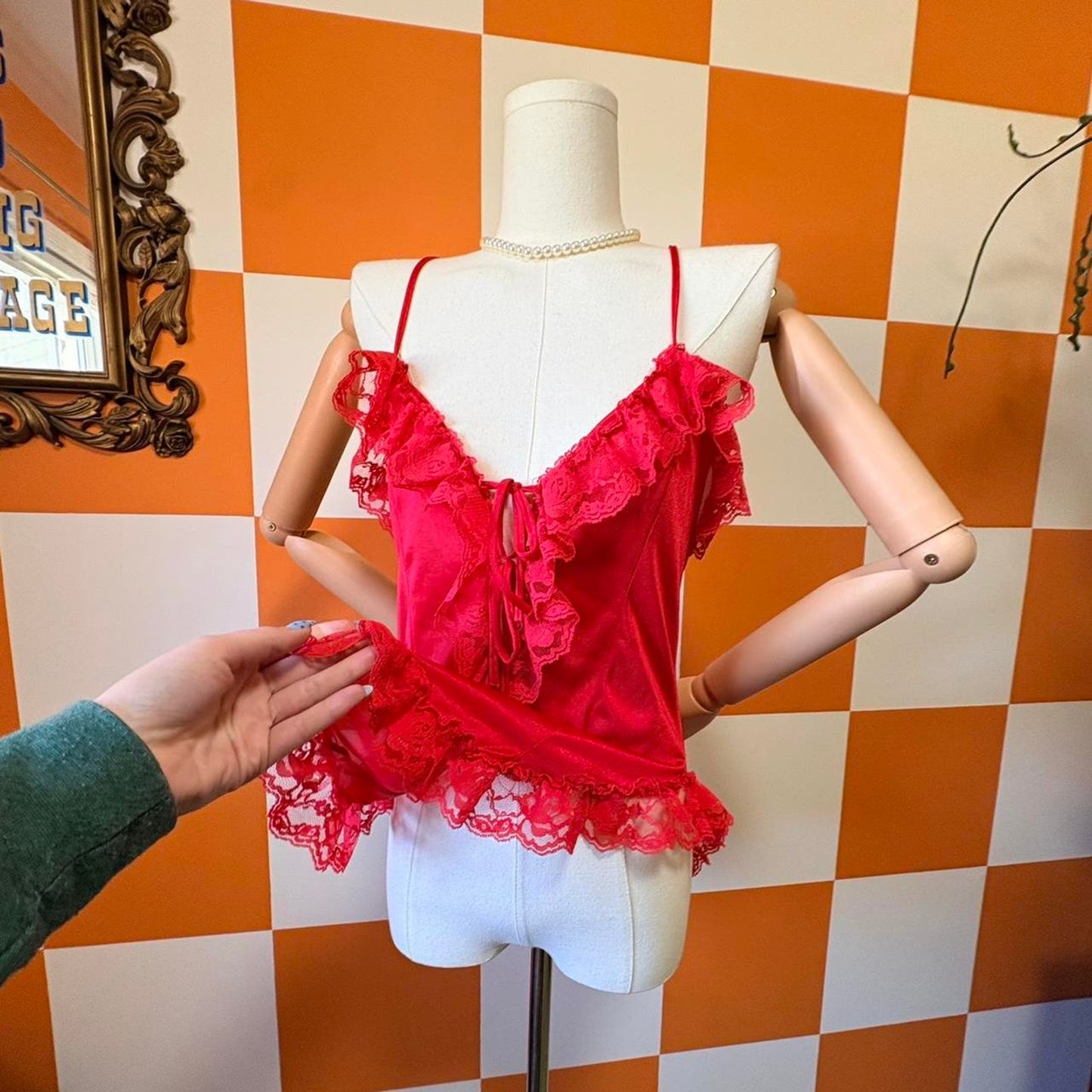 80s Vintage Lace Ruffled See Through Red Camisole