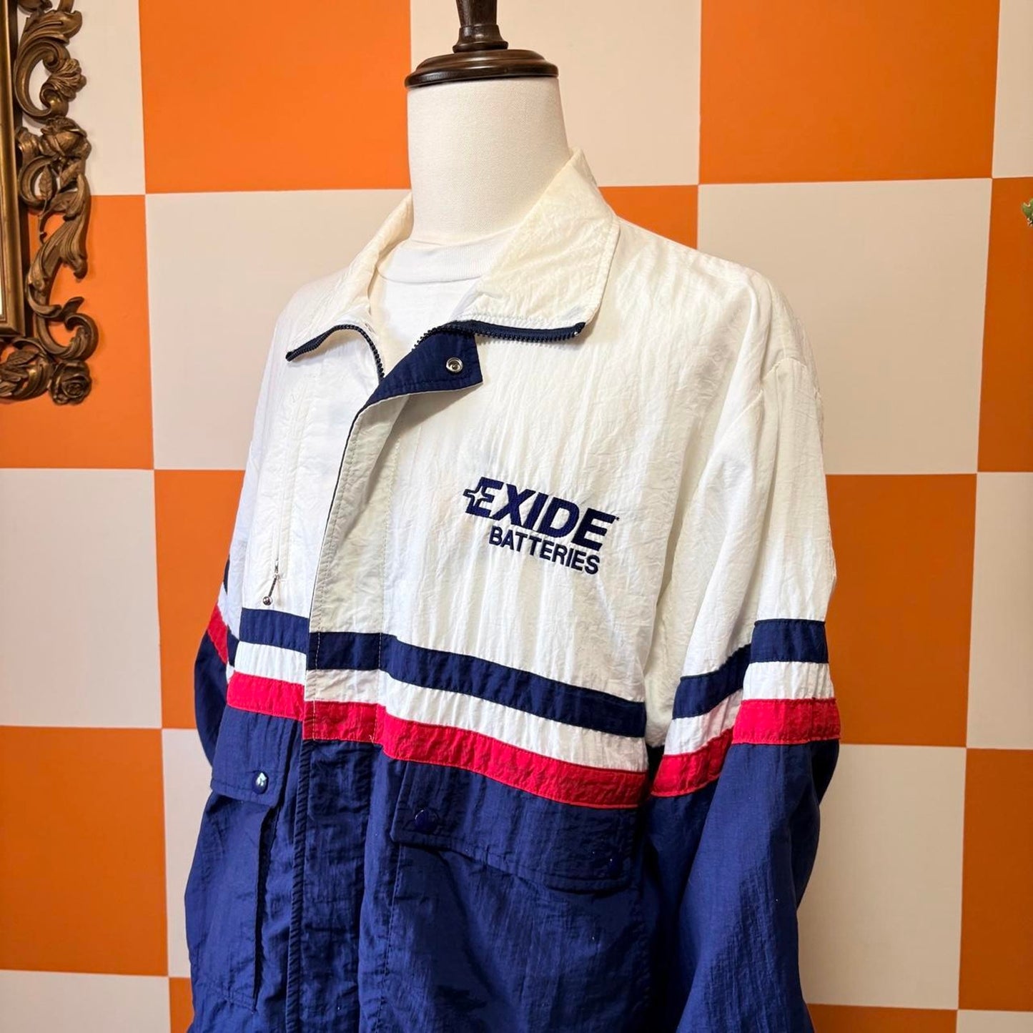 90s Vintage Red White and Blue Nylon Exide Batteries Windbreaker