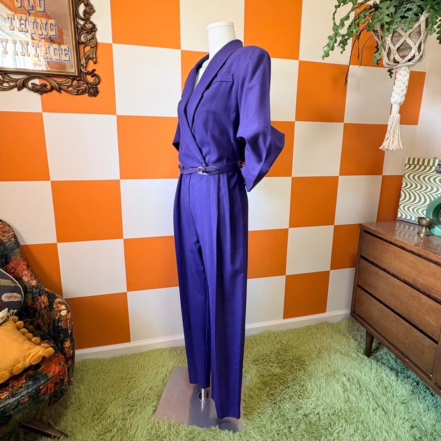 80s Vintage Purple Collared Blazer Style Coverall Jumpsuit