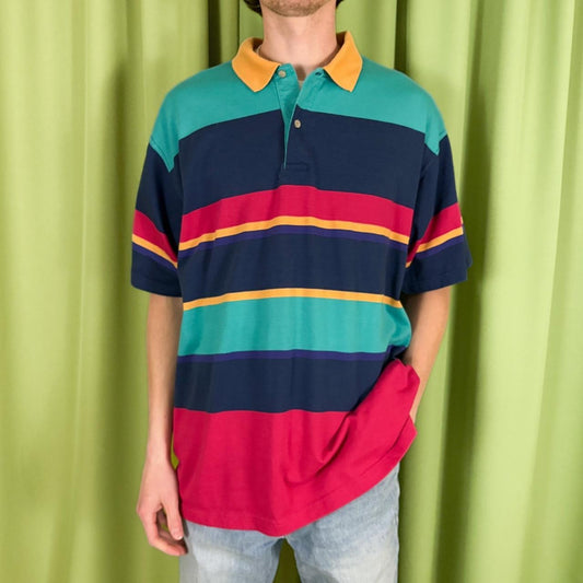 80s Vintage Multicolor Horizontal Striped Polo Shirt