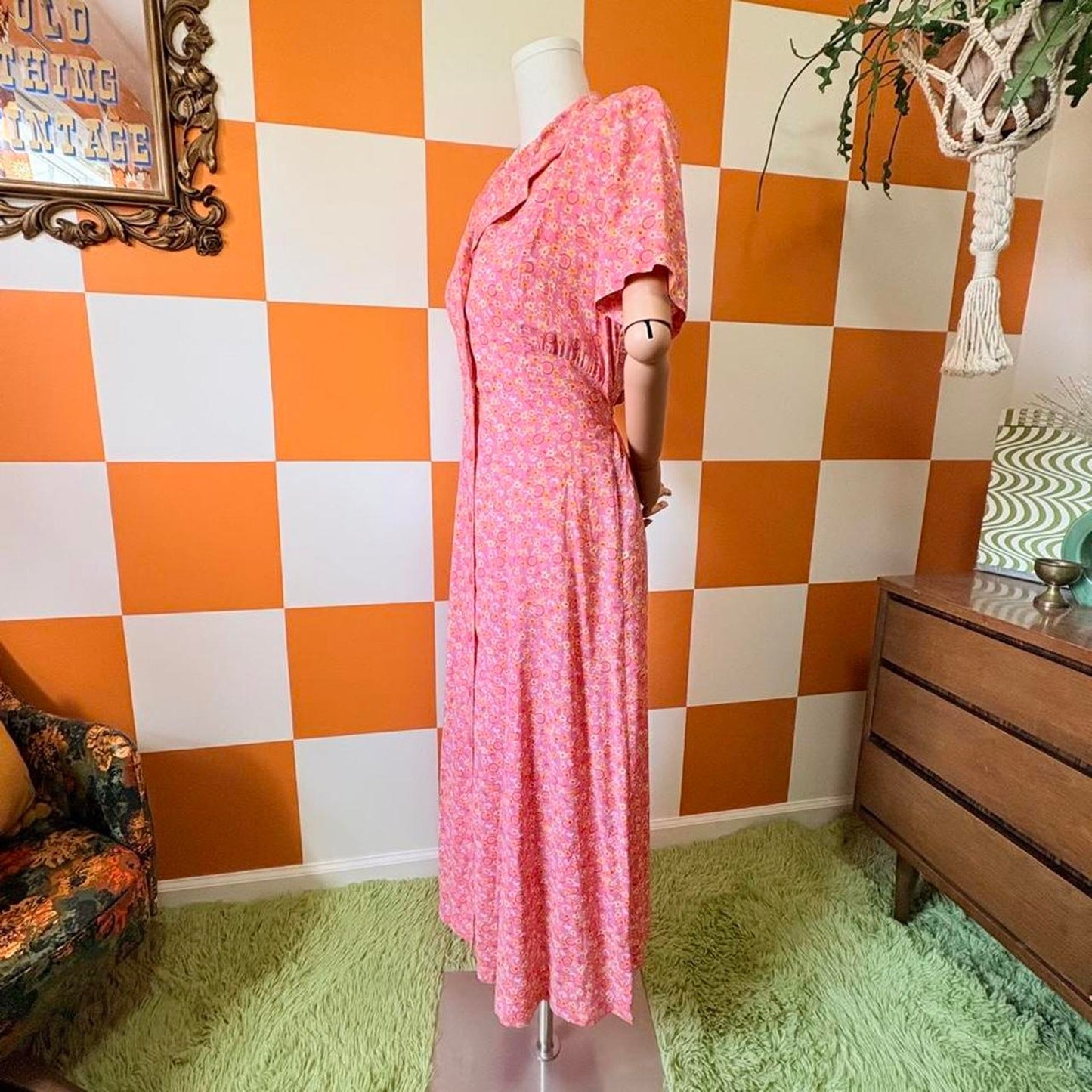 90s Vintage Hot Pink and Yellow Floral Daisy Print Maxi Shirt Dress