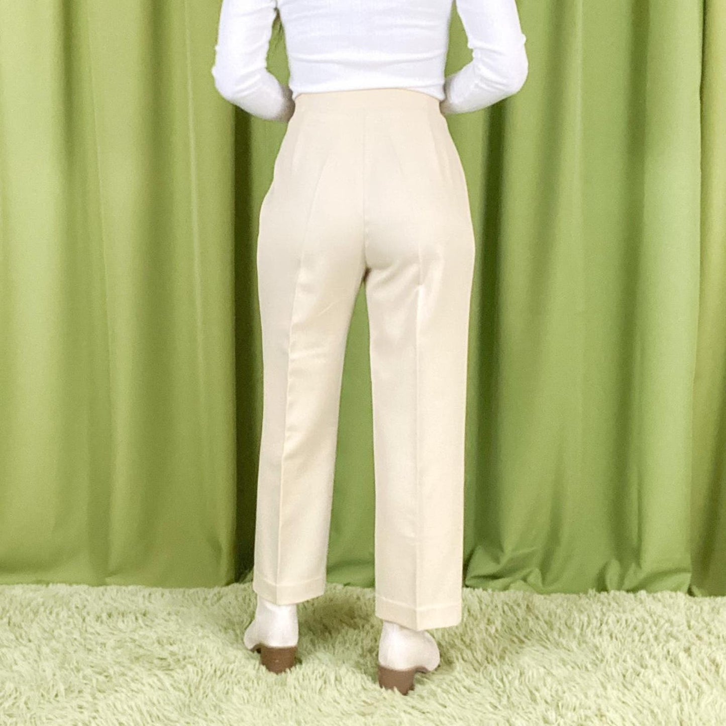 70s Vintage Pastel Yellow High Waisted Polyester Straight Leg Trousers